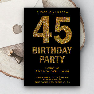 Invitación Faux Gold Purpurina 45th Birthday Party Invitation