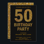 Invitación Faux Gold Purpurina 50th Birthday Party Invitation<br><div class="desc">Sorprende a tus invitados con esta glamorosa invitación a la fiesta de 50 años que incluye un atrevido texto de purpurina dorado sobre un fondo negro. Simplemente agregue los detalles de su evento en esta plantilla fácil de usar para convertirla en una invitación única. Voltea la tarjeta para revelar una...</div>
