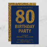 Invitación Faux Gold Purpurina 80th Birthday Party Invitation<br><div class="desc">Sorprende a tus invitados con esta glamorosa invitación a la fiesta de cumpleaños número 80 con un atrevido texto de purpurina dorado sobre un fondo azul. Simplemente agregue los detalles de su evento en esta plantilla fácil de usar para convertirla en una invitación única. Voltea la tarjeta para revelar una...</div>