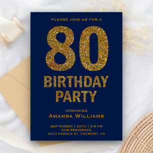 Invitación Faux Gold Purpurina 80th Birthday Party Invitation
