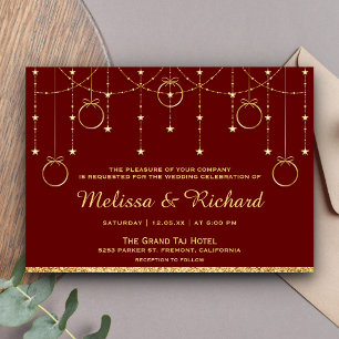 Invitación Faux Gold Purpurina Baubles Boda Navidades rojos