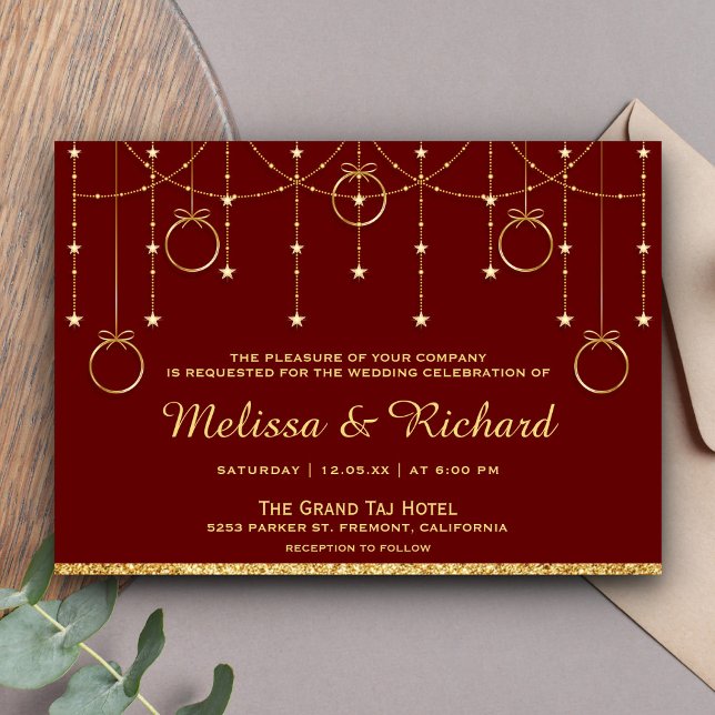 Invitación Faux Gold Purpurina Baubles Boda Navidades rojos (Subido por el creador)