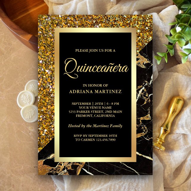 Invitación Faux Gold Purpurina Black Gold Marble Quinceanera (Subido por el creador)