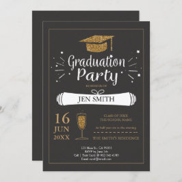Invitación Faux Gold Purpurina Cap Graduation Party Invitació