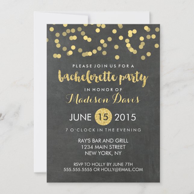 Invitación Faux Gold Purpurina Chalkboard Bachelorette Party (Anverso)