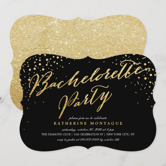 Invitación Faux Gold Purpurina Confetti Moda Bachelorette Par (Anverso / Reverso)