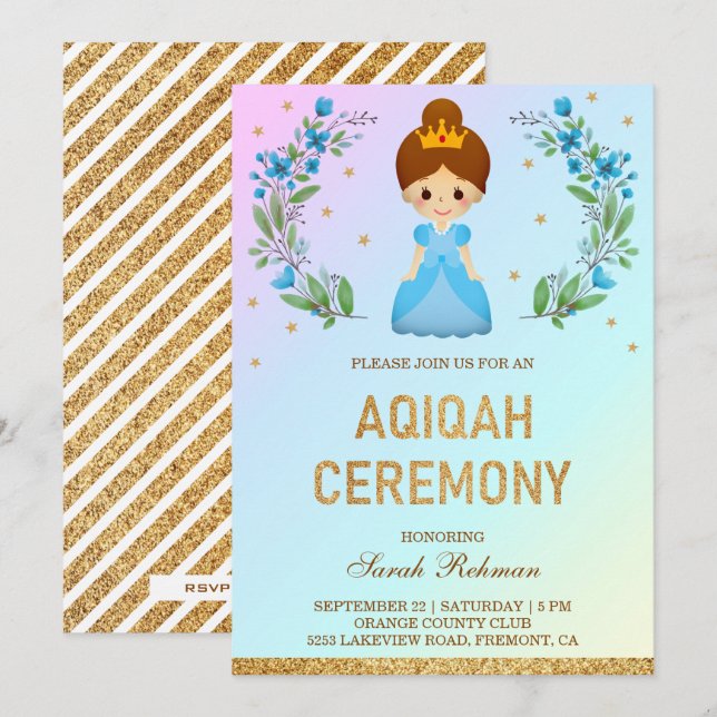 Invitación Faux Gold Purpurina Cute Blue Princess Aqiqah (Anverso / Reverso)