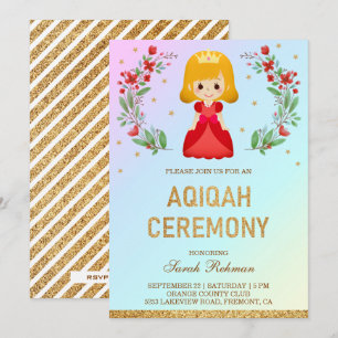 Invitación Faux Gold Purpurina Cute Red Princess Aqiqah