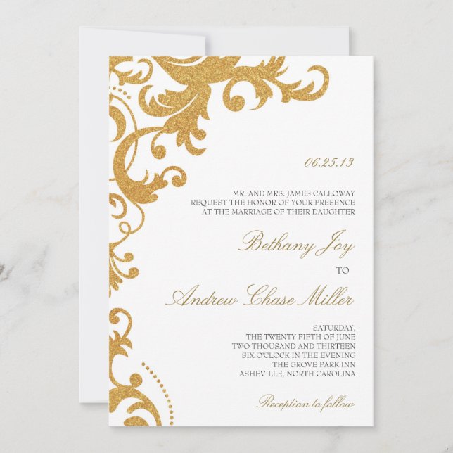 Invitación Faux Gold Purpurina Elegant Damask Wedding Invite (Anverso)