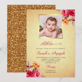 Invitación Faux Gold Purpurina Floral Baby Girl Foto Aqiqah