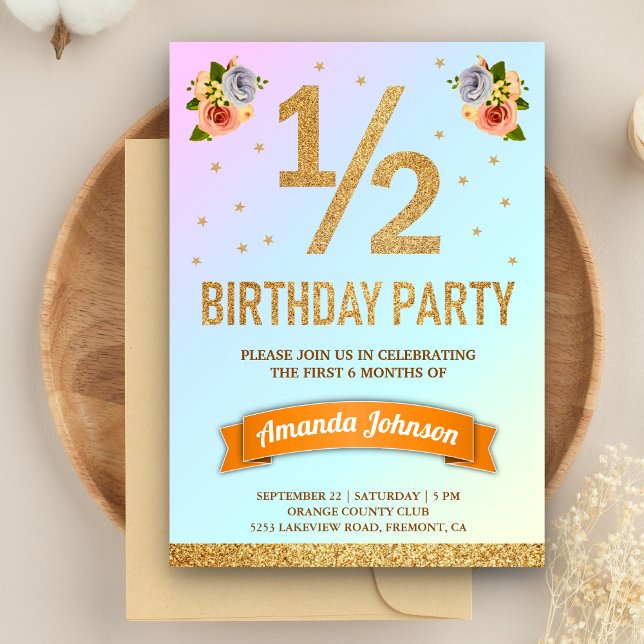 Invitación Faux Gold Purpurina Floral Media Cumpleaños Party (Subido por el creador)