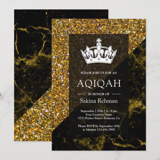 Invitación Faux Gold Purpurina Gold Marble Aqeeqah | Aqiqah (Anverso / Reverso)