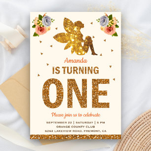 Invitación Faux Gold Purpurina Magical Fairy 1er cumpleaños F