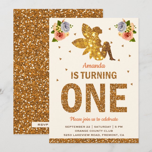 Invitación Faux Gold Purpurina Magical Fairy 1er cumpleaños F (Anverso / Reverso)