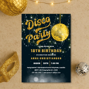 Invitación Faux Gold Purpurina Retro Disco Fiesta Cumpleaños