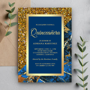 Invitación Faux Gold Purpurina Royal Blue Marble Quinceanera