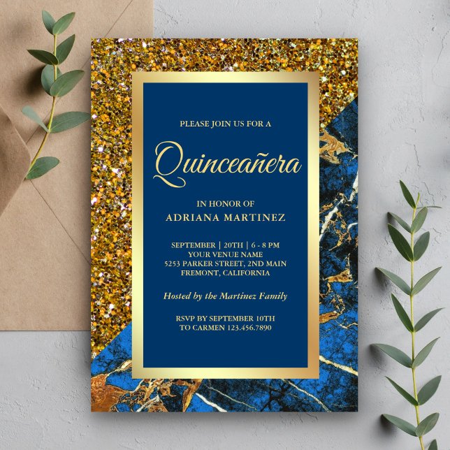 Invitación Faux Gold Purpurina Royal Blue Marble Quinceanera (Subido por el creador)