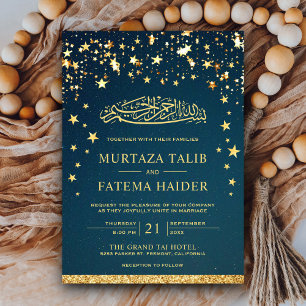 Invitación Faux Gold Purpurina Stars Blue Muslim Boda