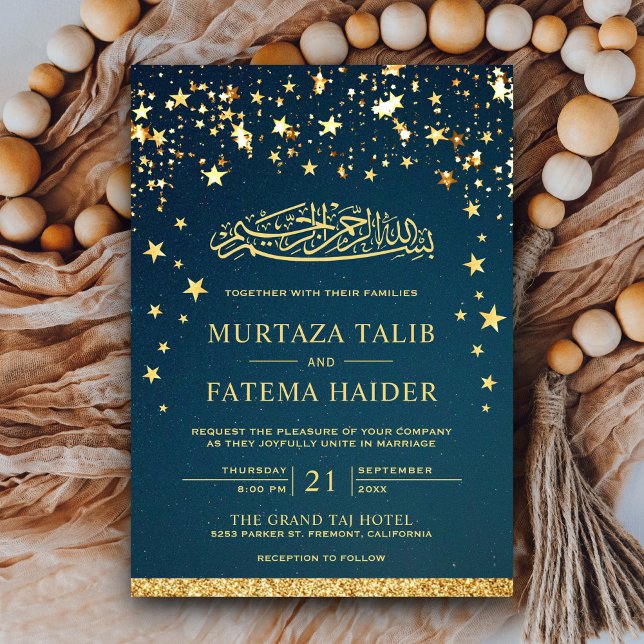 Invitación Faux Gold Purpurina Stars Blue Muslim Boda (Subido por el creador)