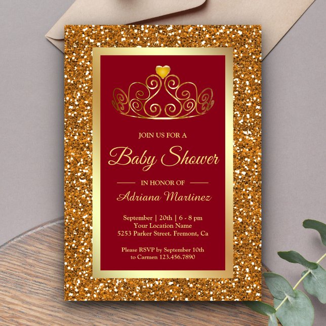 Invitación Faux Gold Purpurina Tiara Princess Red Baby Shower (Subido por el creador)