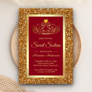 Invitación Faux Gold Purpurina Tiara Princess Red Sweet Dieci