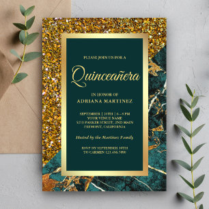 Invitación Faux Gold Purpurina Verde azulado Mármol Verde Qui