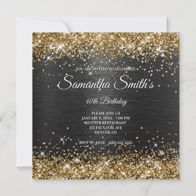 Invitación Faux Gold Purpurina y Black Relieve metalizado 40  (Anverso)