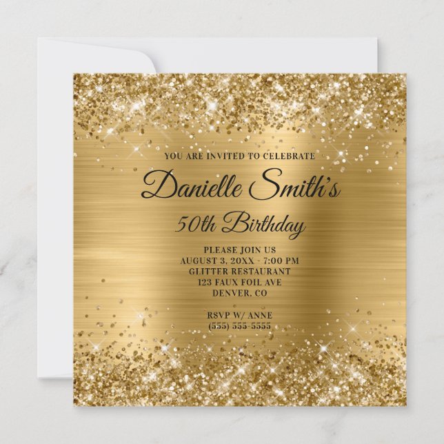 Invitación Faux Gold Purpurina y Relieve metalizado 50 cumple (Anverso)