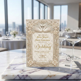Invitación Faux Gold Quilted & Printed Pearl Rococo Swans
