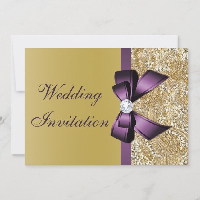 Invitación Faux Gold Sequines Purple Bow Boda (Anverso)