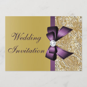 Invitación Faux Gold Sequines Purple Bow Boda