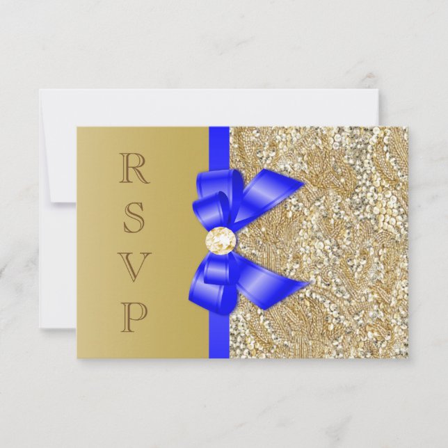 Invitación Faux Gold Sequines Royal Blue Bow RSVP (Anverso)