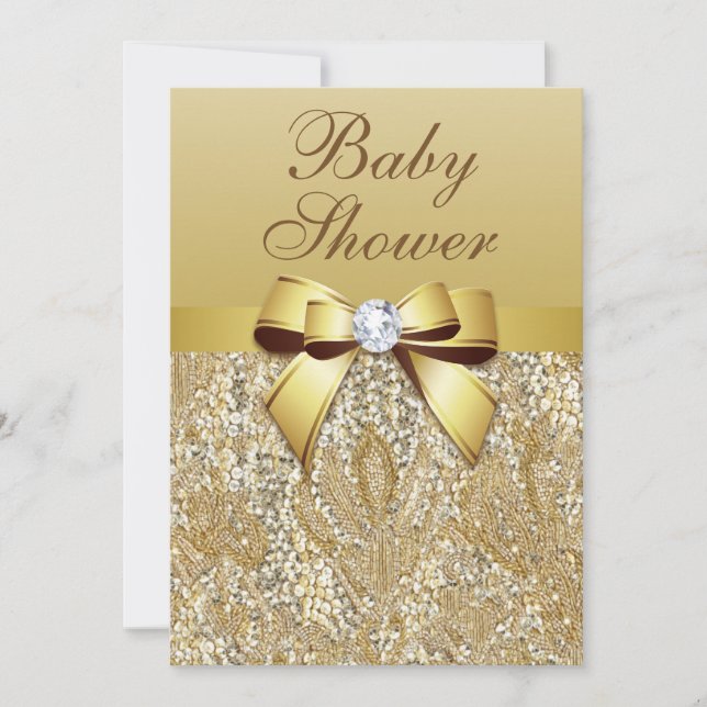 Invitación Faux Gold Sequins y Bow Baby Shower (Anverso)