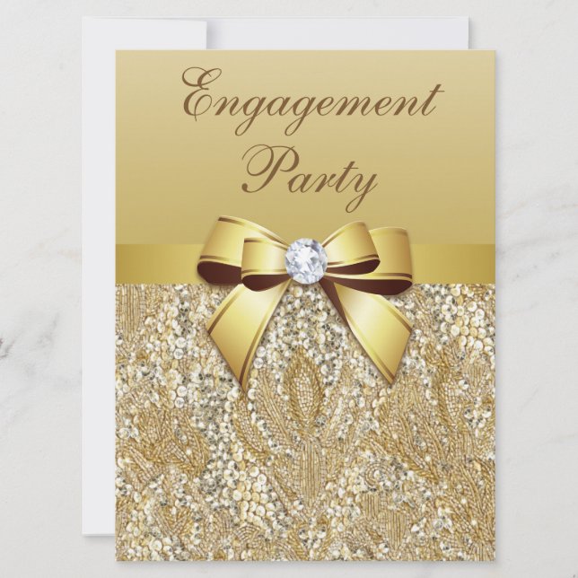 Invitación Faux Gold Sequins y Bow Engagement Party (Anverso)