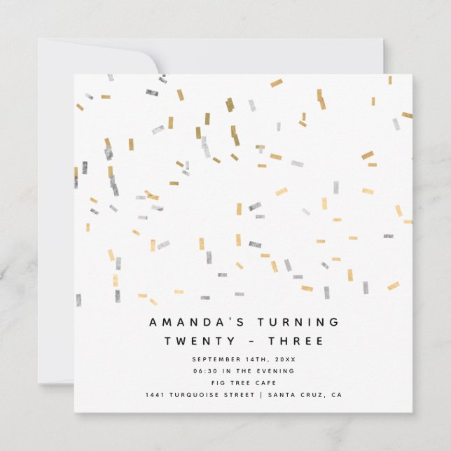 Invitación Faux Gold Silver Modern Sprinkles Adultos Cumpleañ (Anverso)