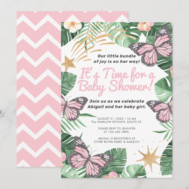 Invitación Faux Gold Star & Pink Butfly Chica Baby Shower (Anverso / Reverso)