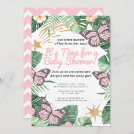 Invitación Faux Gold Star & Pink Butfly Chica Baby Shower