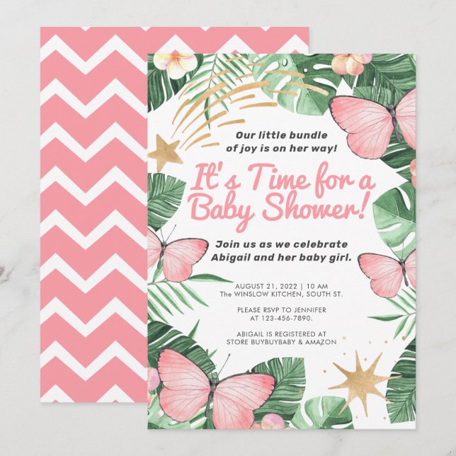 Invitación Faux Gold Star & Pink Butfly Chica Baby Shower (Anverso / Reverso)