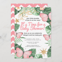 Invitación Faux Gold Star & Pink Butfly Chica Baby Shower