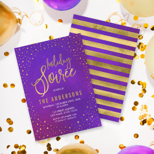 Invitación Faux Gold Starry Purple Watercolor Holiday Soiree