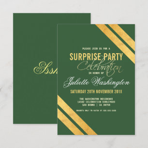Invitación Faux Gold Strip Dark Green Surprise Party