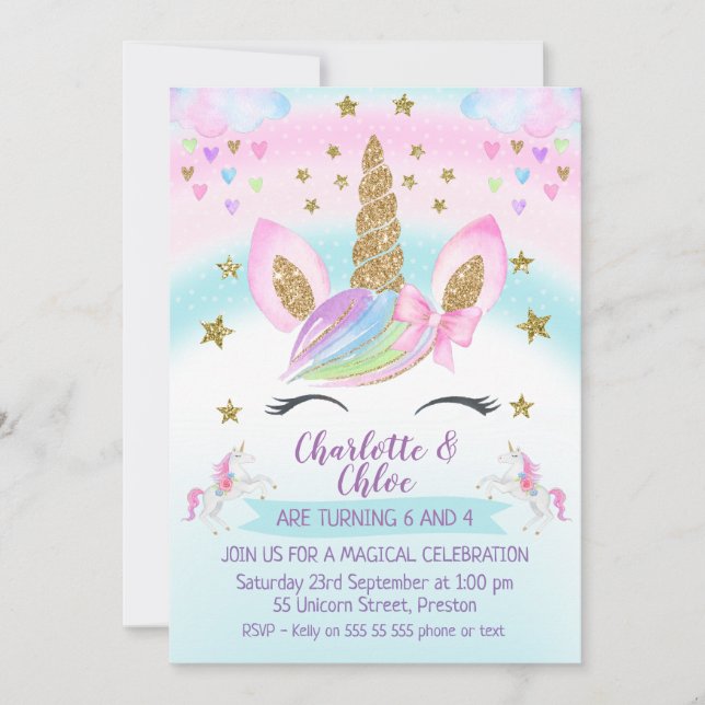 Invitación Faux Gold Unicorn Rainbow Joint Birday (Anverso)