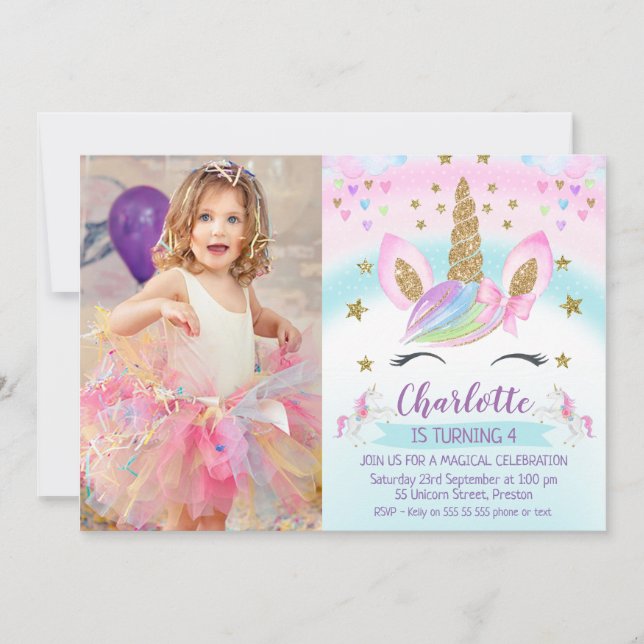 Invitación Faux Gold Unicorn Rainbow Photo Birday (Anverso)