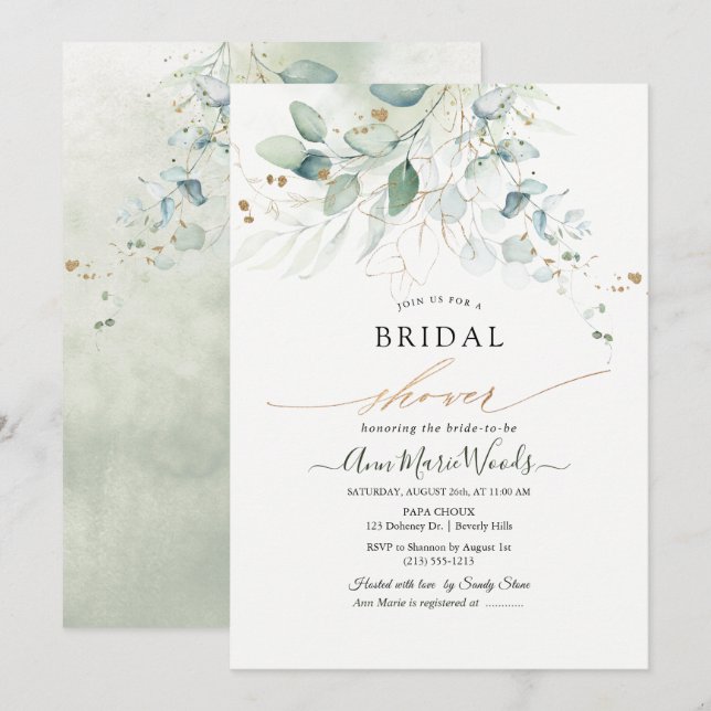 Invitación Faux Gold Watercolor Eucalyptus Bridal Shower (Anverso / Reverso)