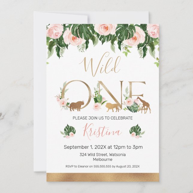 Invitación Faux Gold Wild One Floral Safari Cumpleaños  (Anverso)