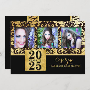 Invitación Faux Gold y Black Elegant Class of Photo 2023