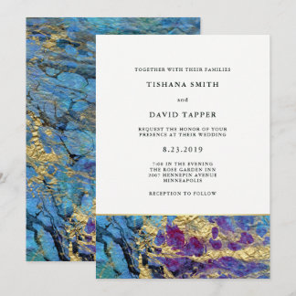 Invitación Faux Gold y Blue Marled Boda