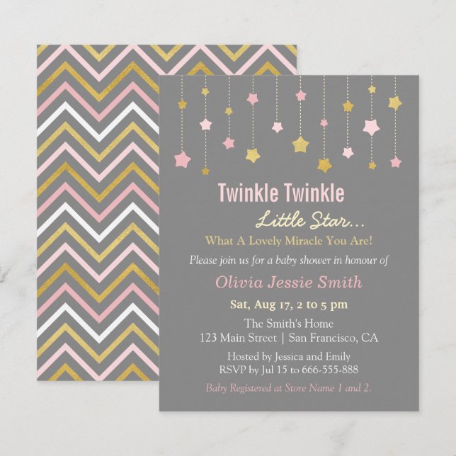 Invitación Faux Gold y Pink Twinkle Little Star Baby Shower (Anverso / Reverso)