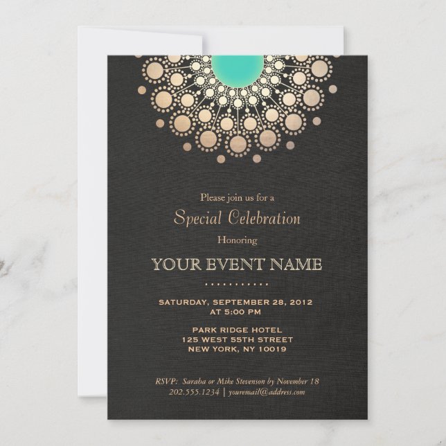 Invitación Faux Gold y Turquoise Circle Mandala Black (Anverso)