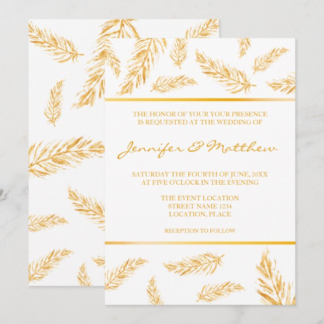 Invitación Faux Golden Yellow Color Feathers Elegant Wedding (Anverso / Reverso)